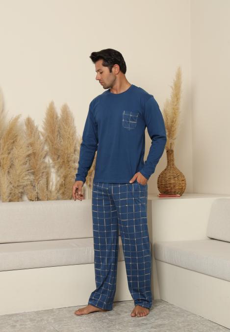 Pijama Barbati ,Maneca si Pantaloni Lungi, Culoare Albastru cu Crem,Engros